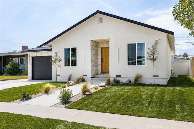 view of front of house with crawl space, fence, a front lawn, an attached garage, and entry steps