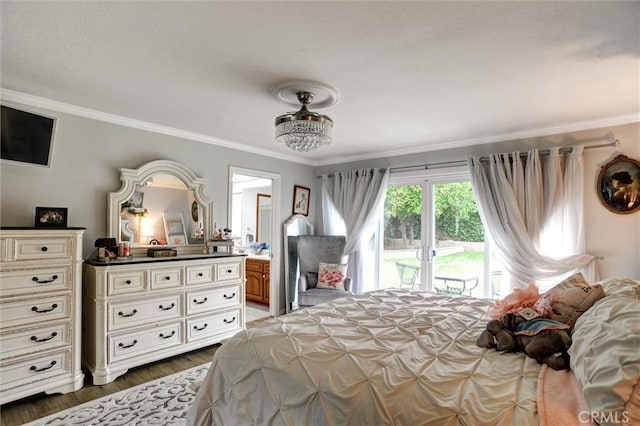 bedroom with connected bathroom, access to outside, wood finished floors, and crown molding