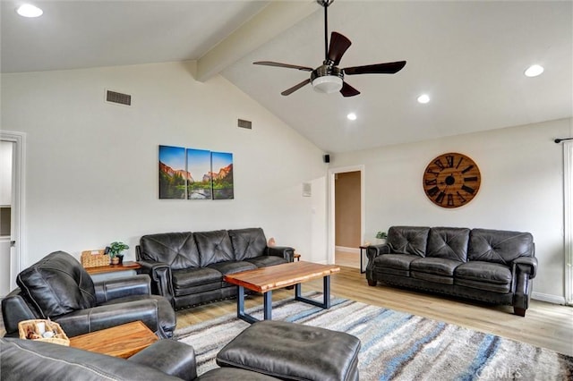 living room with light wood-type flooring, visible vents, beam ceiling, and ceiling fan
