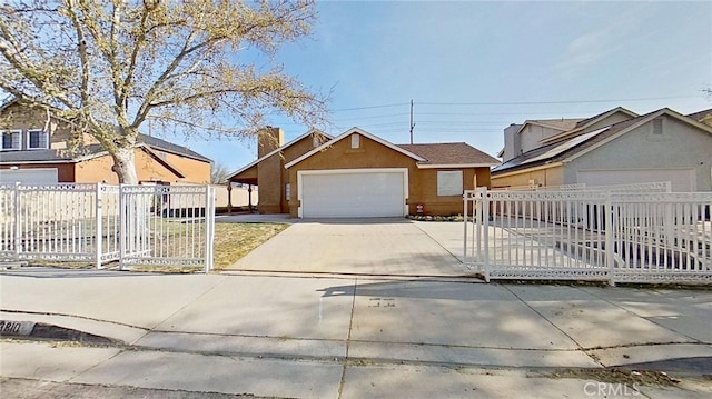 ranch-style home featuring an attached garage, concrete driveway, fence, stucco siding, and a gate