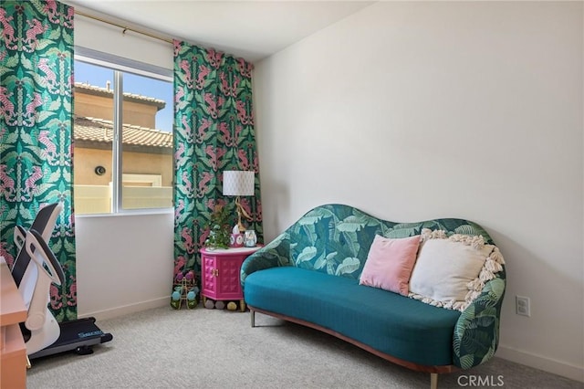 living area featuring baseboards and carpet floors