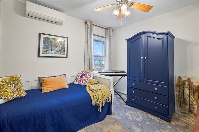 carpeted bedroom with a wall mounted air conditioner and ceiling fan