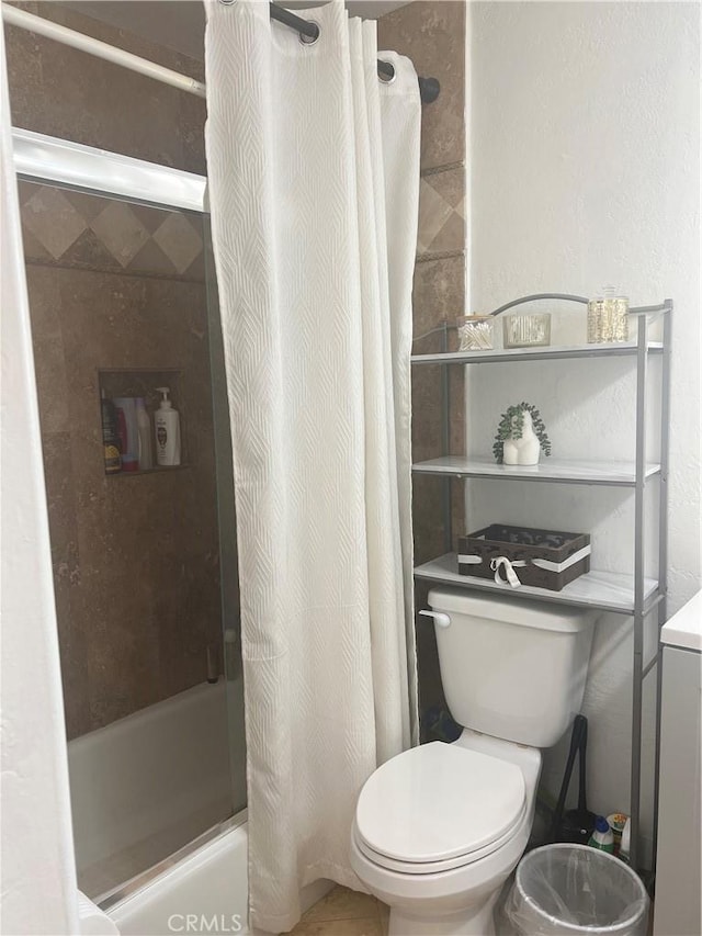 full bathroom with toilet and shower / bath combination with curtain