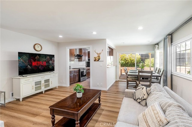 living area featuring baseboards, light wood-type flooring, and recessed lighting