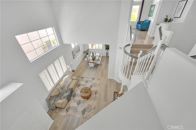interior space featuring wood finished floors and a towering ceiling