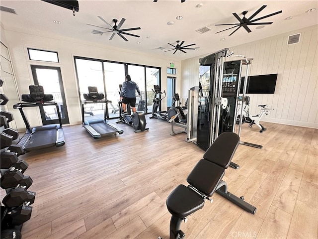 4450 S Bryant Paseo, Ontario, CA 91762 - workout area featuring visible vents, a ceiling fan, and wood-type flooring