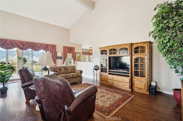 living area with beam ceiling, baseboards, high vaulted ceiling, and dark wood-style floors