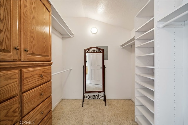 walk in closet with light colored carpet and lofted ceiling
