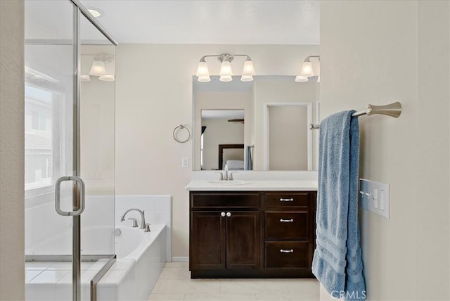 10969 Elkwood Cir, Riverside, CA 92503 - ensuite bathroom with a bath, a shower stall, vanity, and tile patterned floors