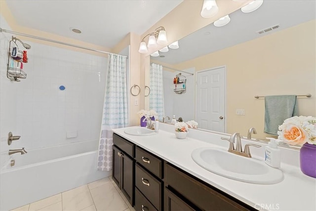 10969 Elkwood Cir, Riverside, CA 92503 - bathroom with shower / bath combination with curtain, double vanity, and tile patterned floors