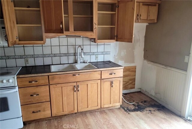 kitchen with white range with electric stovetop, open shelves, a sink, decorative backsplash, and wainscoting