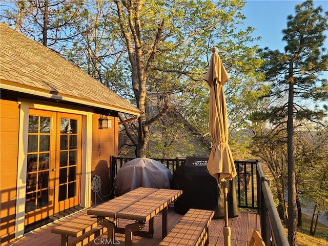 28662 Zion Dr, Lake Arrowhead, CA 92352 - wooden deck with area for grilling and french doors