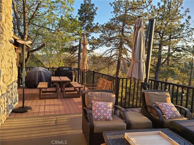 28662 Zion Dr, Lake Arrowhead, CA 92352 - wooden terrace featuring an outdoor living space and a grill