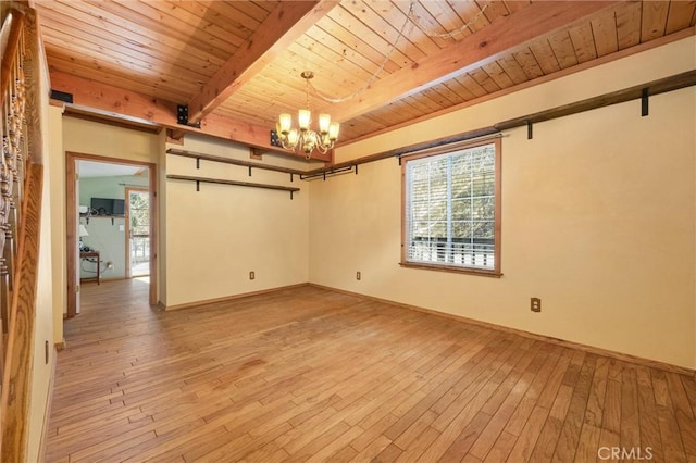 14521 Voltaire Dr, Pine Mountain Club, CA 93222 - empty room featuring wooden ceiling with exposed beams, a chandelier, plenty of natural light, light wood-type flooring, and baseboards