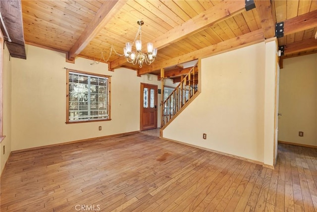 14521 Voltaire Dr, Pine Mountain Club, CA 93222 - unfurnished room featuring hardwood / wood-style floors, a chandelier, wood ceiling with exposed beams, stairs, and baseboards
