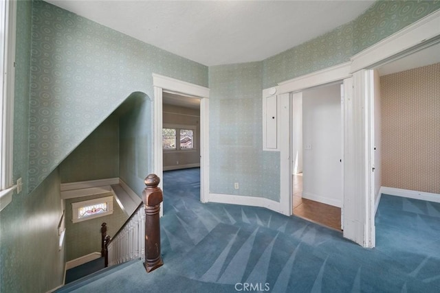 1811 Chorro St, San Luis Obispo, CA 93401 - corridor with an upstairs landing, baseboards, wallpapered walls, and carpet