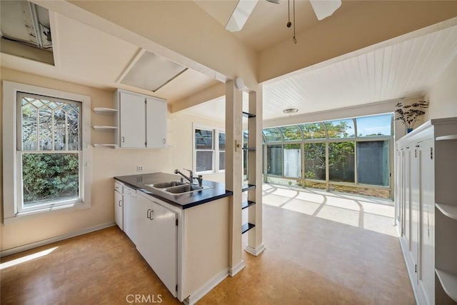 1811 Chorro St, San Luis Obispo, CA 93401 - kitchen with open shelves, a sink, dark countertops, a ceiling fan, and white cabinetry
