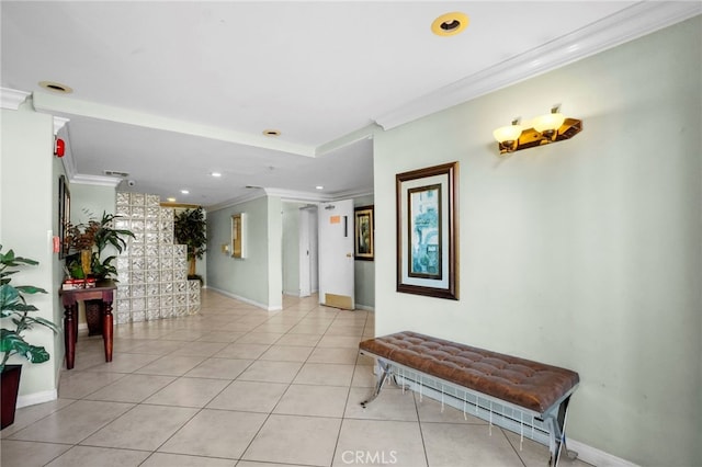 5224 Zelzah Ave Unit 108, Encino, CA 91316 - corridor featuring baseboards, light tile patterned flooring, ornamental molding, and recessed lighting