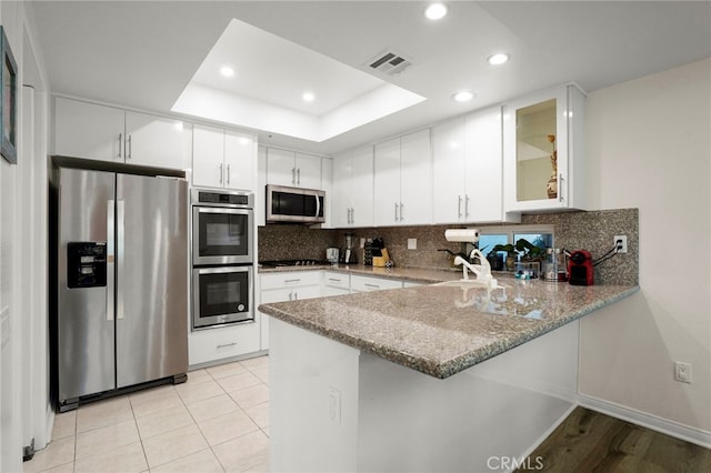 5224 Zelzah Ave Unit 108, Encino, CA 91316 - kitchen with a peninsula, stainless steel appliances, a tray ceiling, and recessed lighting