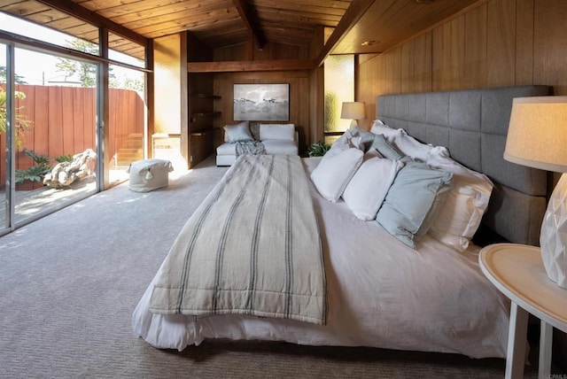 carpeted bedroom featuring wooden ceiling, wood walls, access to outside, and vaulted ceiling with beams