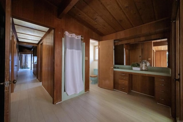 full bathroom featuring wood ceiling, vanity, wood finished floors, and wooden walls