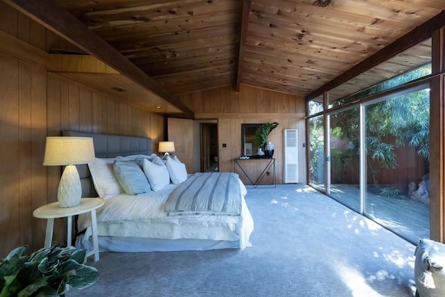 bedroom with lofted ceiling with beams, wooden walls, wooden ceiling, carpet flooring, and access to exterior