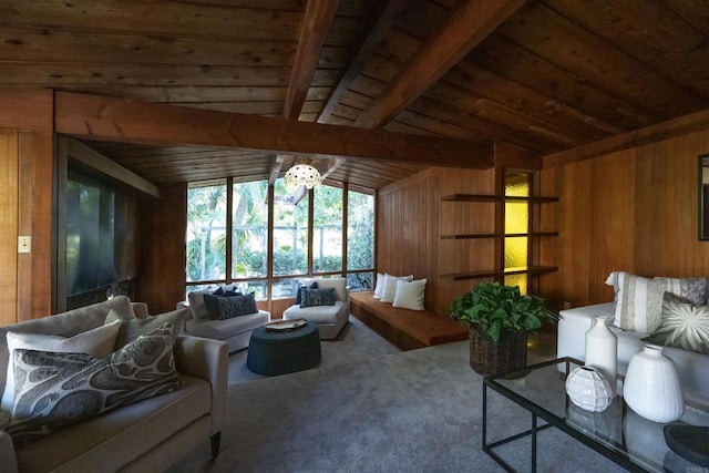 living room with wooden ceiling, vaulted ceiling with beams, wooden walls, and carpet flooring