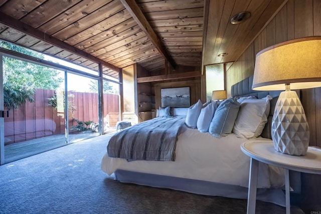 bedroom featuring wood ceiling, wood walls, access to exterior, and carpet