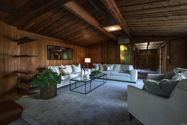 living area with wooden ceiling, wood walls, carpet flooring, and lofted ceiling with beams
