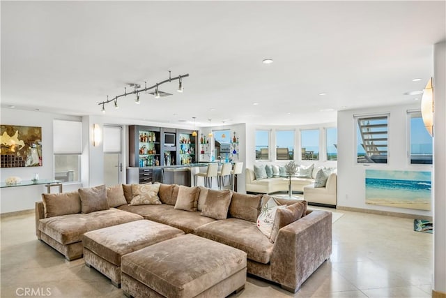 31091 Coast Hwy, Laguna Beach, CA 92651 - living room featuring bar area, recessed lighting, baseboards, and track lighting