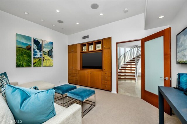 31091 Coast Hwy, Laguna Beach, CA 92651 - sitting room featuring stairway, light carpet, visible vents, and recessed lighting