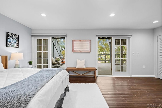 bedroom with baseboards, access to outside, wood finished floors, and recessed lighting