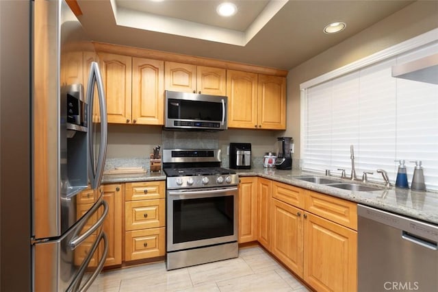 kitchen featuring a sink, a tray ceiling, recessed lighting, light stone countertops, and stainless steel appliances