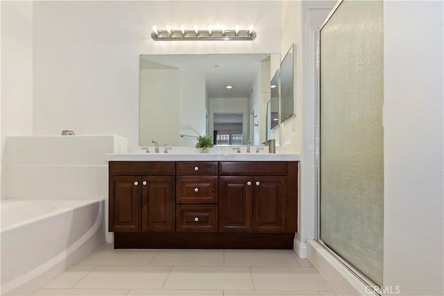 374 Quail Rdg, Irvine, CA 92603 - full bathroom featuring a garden tub, a shower stall, double vanity, and tile patterned floors