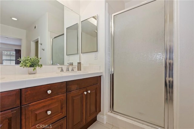 374 Quail Rdg, Irvine, CA 92603 - full bath featuring double vanity, a shower stall, and tile patterned floors