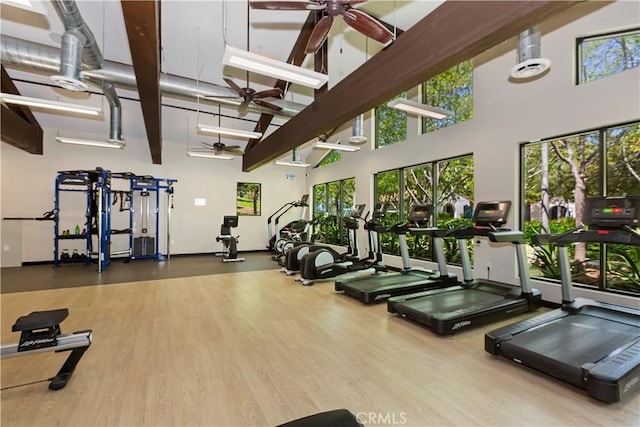 374 Quail Rdg, Irvine, CA 92603 - exercise room featuring ceiling fan, a towering ceiling, plenty of natural light, wood finished floors, and beam ceiling