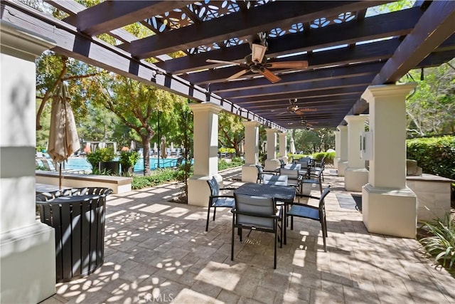 374 Quail Rdg, Irvine, CA 92603 - view of patio featuring ceiling fan, outdoor dining area, and a pergola