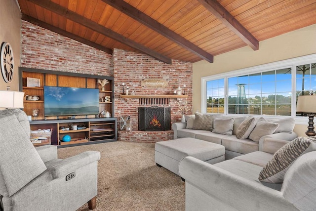 living area featuring carpet, wood ceiling, high vaulted ceiling, beam ceiling, and a fireplace