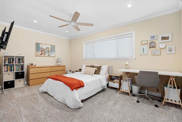 carpeted bedroom featuring ceiling fan, ornamental molding, and recessed lighting