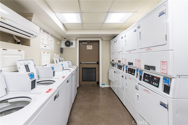 shared laundry area featuring stacked washing maching and dryer, separate washer and dryer, and a wall unit AC