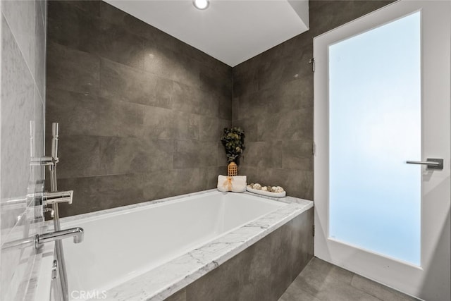 222 Monterey Rd Unit 1203, Glendale, CA 91206 - bathroom featuring tile patterned flooring, an enclosed shower, tile walls, and a garden tub