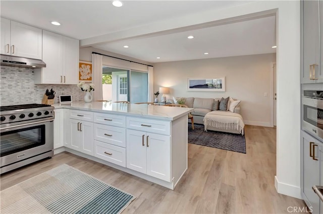 32152 Via Carlos, San Juan Capistrano, CA 92675 - kitchen with high end stove, under cabinet range hood, a peninsula, light wood-style flooring, and white cabinets