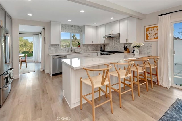 32152 Via Carlos, San Juan Capistrano, CA 92675 - kitchen with appliances with stainless steel finishes, under cabinet range hood, a peninsula, tasteful backsplash, and light wood finished floors