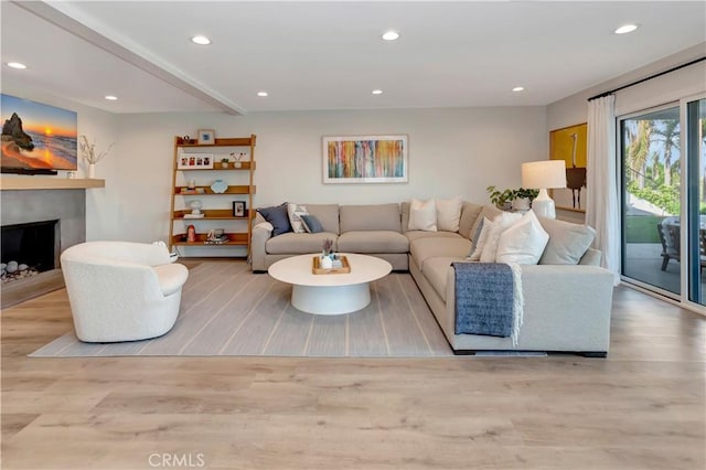 32152 Via Carlos, San Juan Capistrano, CA 92675 - living area featuring wood finished floors, recessed lighting, and a fireplace