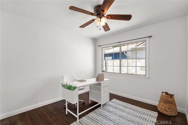 home office with ceiling fan, dark wood finished floors, and baseboards