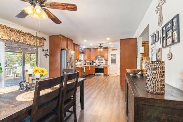 1471 Via Monserate, Fallbrook, CA 92028 - dining area featuring a ceiling fan, light wood finished floors, and recessed lighting