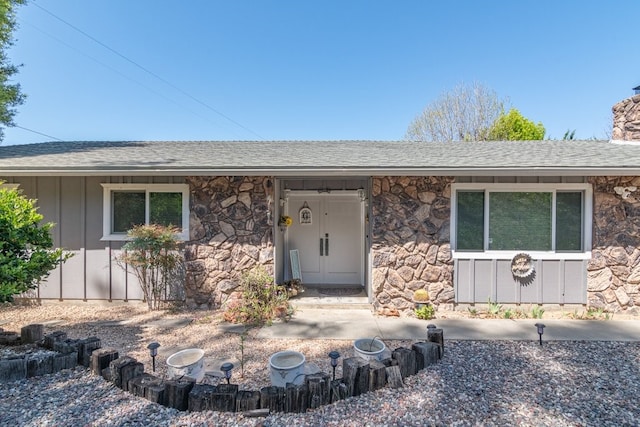 1471 Via Monserate, Fallbrook, CA 92028 - ranch-style house featuring stone siding, a chimney, roof with shingles, and board and batten siding