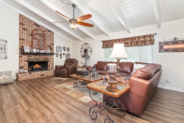 1471 Via Monserate, Fallbrook, CA 92028 - living room with wood finished floors, a fireplace, wood ceiling, ceiling fan, and baseboards