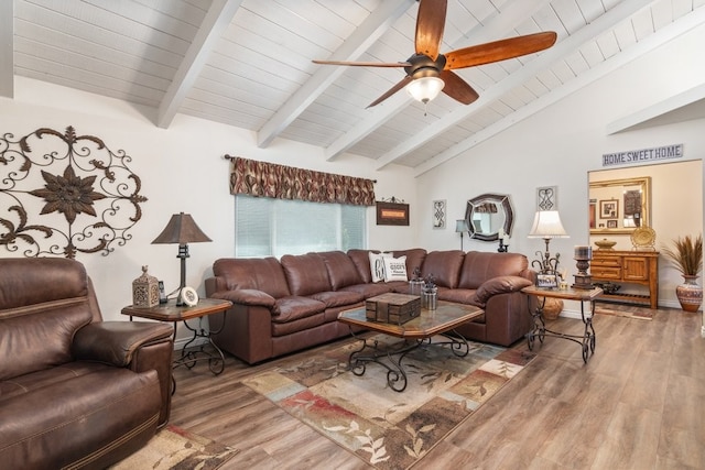1471 Via Monserate, Fallbrook, CA 92028 - living room featuring wood finished floors, ceiling fan, wooden ceiling with exposed beams, and high vaulted ceiling