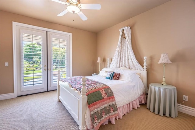 carpeted bedroom with a ceiling fan, baseboards, access to outside, and french doors